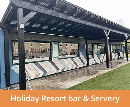 60ft long holiday resort bar and servery made from joined containers - case study
